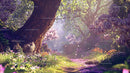 Enchanted Forest Path with Blooming Purple Flowers