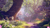 Enchanted Forest Path with Blooming Purple Flowers
