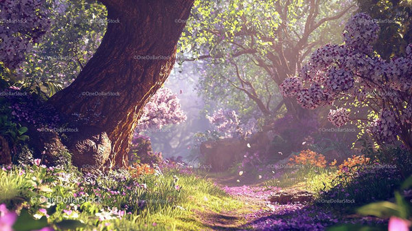 Enchanted Forest Path with Blooming Purple Flowers