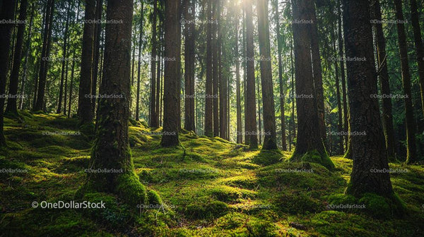 Sunlight Filtering Through Majestic Forest Trees