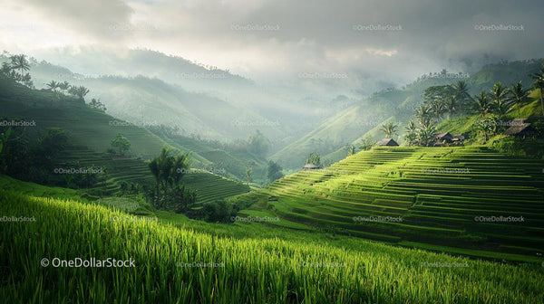 Misty Rice Terraces in Lush Tropical Landscape