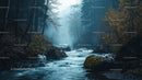 Misty Forest Stream with Autumn Foliage in Tranquil Setting