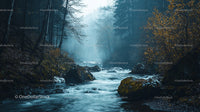 Misty Forest Stream with Autumn Foliage in Tranquil Setting
