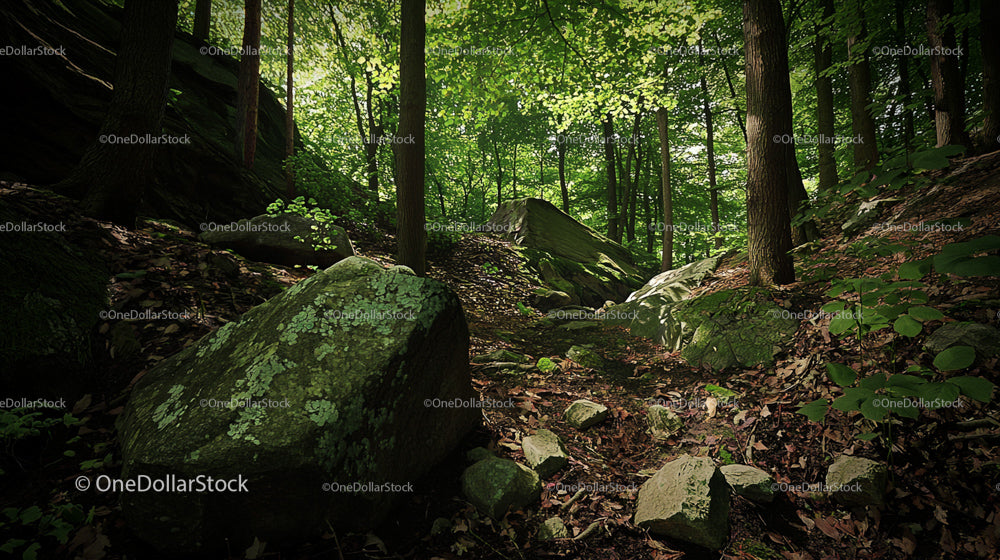 Mossy Rocks and Sunlit Forest Path in Lush Greenery