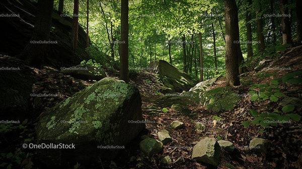 Mossy Rocks and Sunlit Forest Path in Lush Greenery