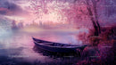 Serene Lake with Cherry Blossoms and Wooden Boat at Sunset