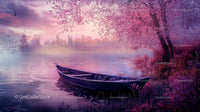 Serene Lake with Cherry Blossoms and Wooden Boat at Sunset