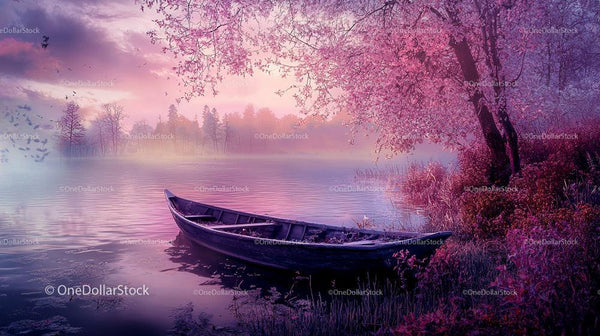 Serene Lake with Cherry Blossoms and Wooden Boat at Sunset