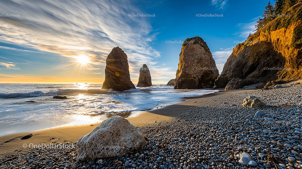 Dramatic Rock Formations at Sunset on a Pebble Beach
