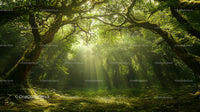 Sunlit Enchanted Forest with Lush Green Trees