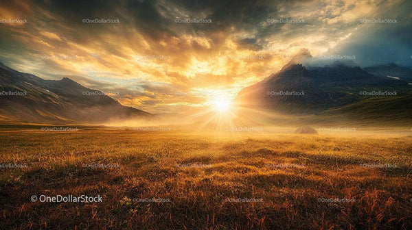 Golden Sunrise Over Misty Mountain Landscape