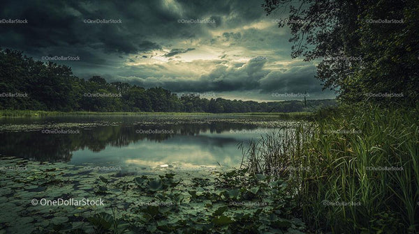 Stormy Skies Over a Calm Lake with Lush Greenery