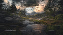 Majestic Mountain Landscape with Flowing River and Dramatic Sky