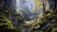 Lush Mossy Landscape with Sunlit Forest Pathway