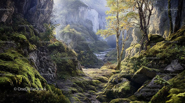 Lush Mossy Landscape with Sunlit Forest Pathway