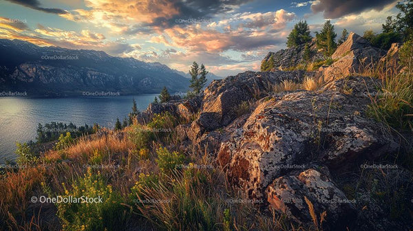 Scenic Sunset Over Rocky Mountain Landscape and Lake