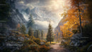 Misty Mountain Landscape with Autumn Colors and Pine Trees
