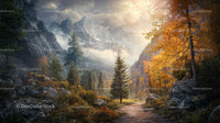 Misty Mountain Landscape with Autumn Colors and Pine Trees