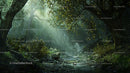 Sunlit Forest Path with Gentle Stream and Lush Greenery