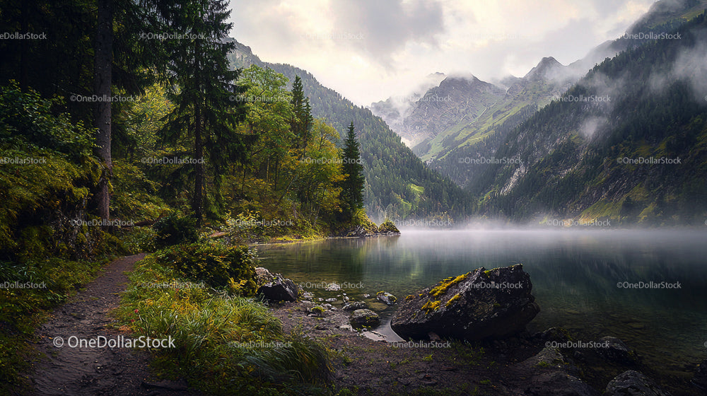 Misty Lake Surrounded by Evergreen Forest and Mountains