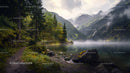 Misty Lake Surrounded by Evergreen Forest and Mountains