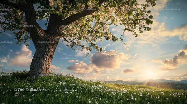 Blooming Tree at Sunset in a Scenic Countryside Landscape