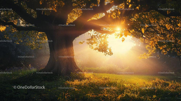 Majestic Oak Tree Illuminated by Morning Sunlight