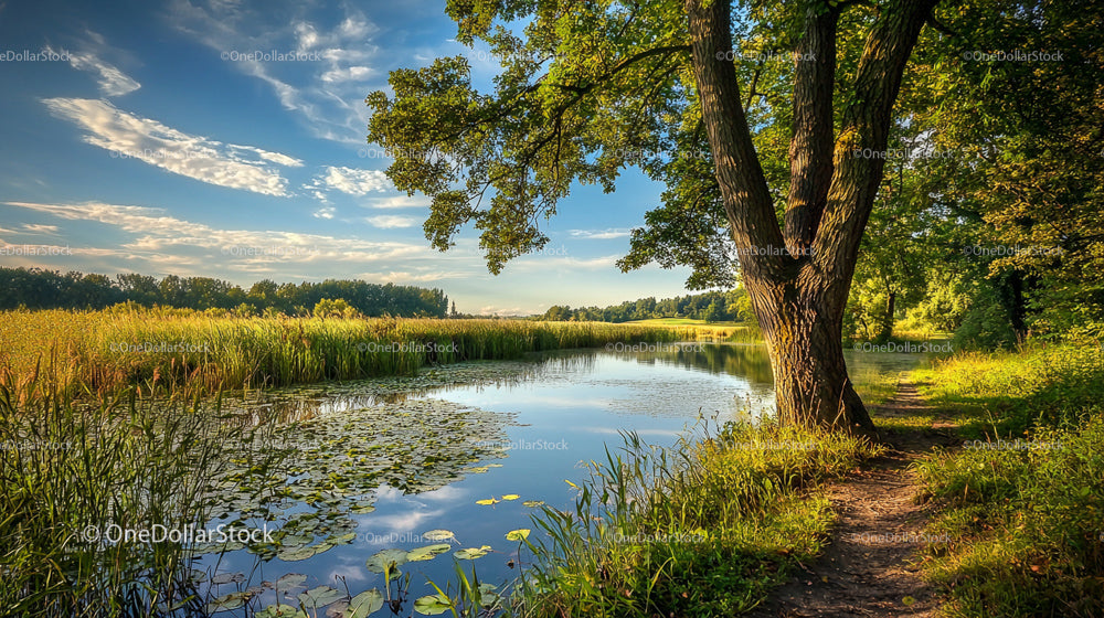 Serene Riverbank with Lush Greenery and Blue Sky