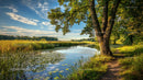 Serene Riverbank with Lush Greenery and Blue Sky