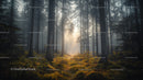 Misty Morning Sunlight Streaming Through Forest Trees