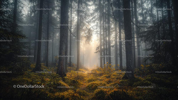 Misty Morning Sunlight Streaming Through Forest Trees