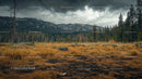 Dramatic Mountain Landscape with Stormy Skies and Pine Forest