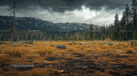 Dramatic Mountain Landscape with Stormy Skies and Pine Forest