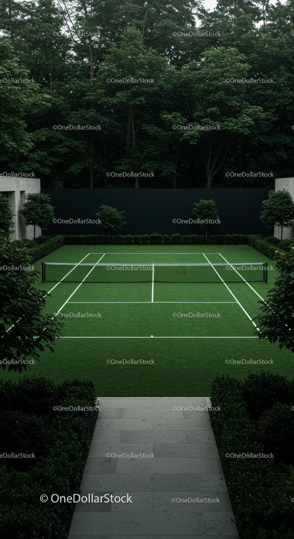 Lush Green Tennis Court Surrounded by Verdant Foliage