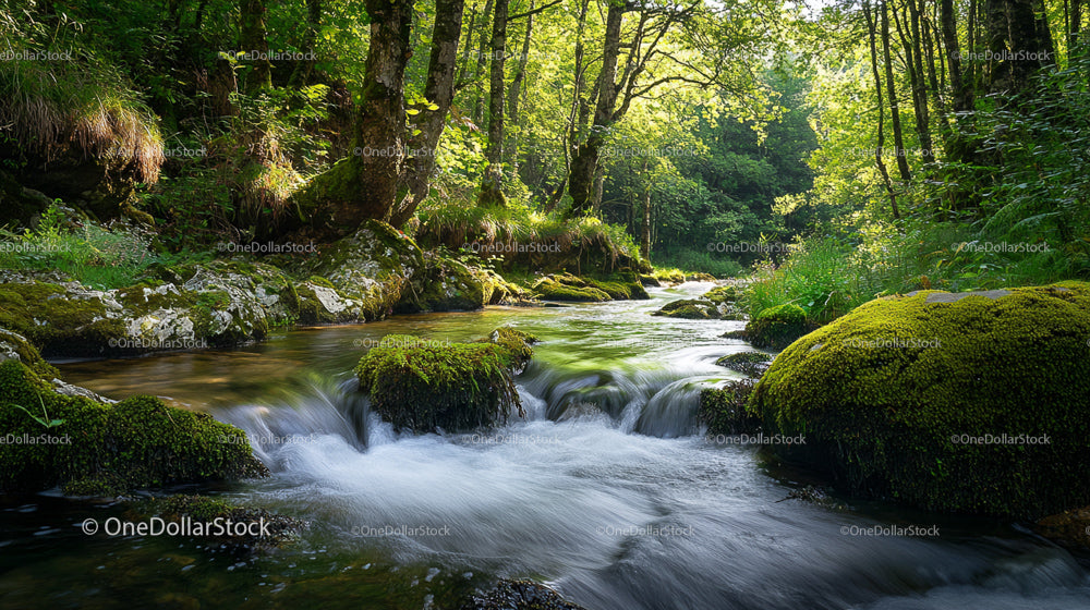 Tranquil Forest Stream with Mossy Rocks and Lush Greenery