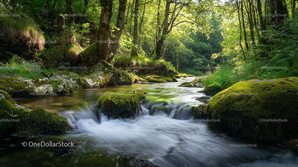 Tranquil Forest Stream with Mossy Rocks and Lush Greenery