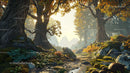 Serene Forest Path with Sunlit Autumn Foliage