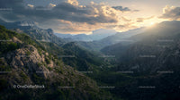 Majestic Mountain Range at Sunset with Lush Green Valleys