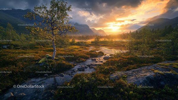 Serene Mountain Landscape at Sunset with Vibrant Foliage