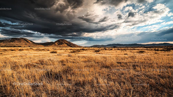 Dramatic Sky Over Golden Grasslands and Rolling Hills