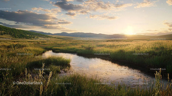 Serene Meadow at Sunset with Reflecting Pond