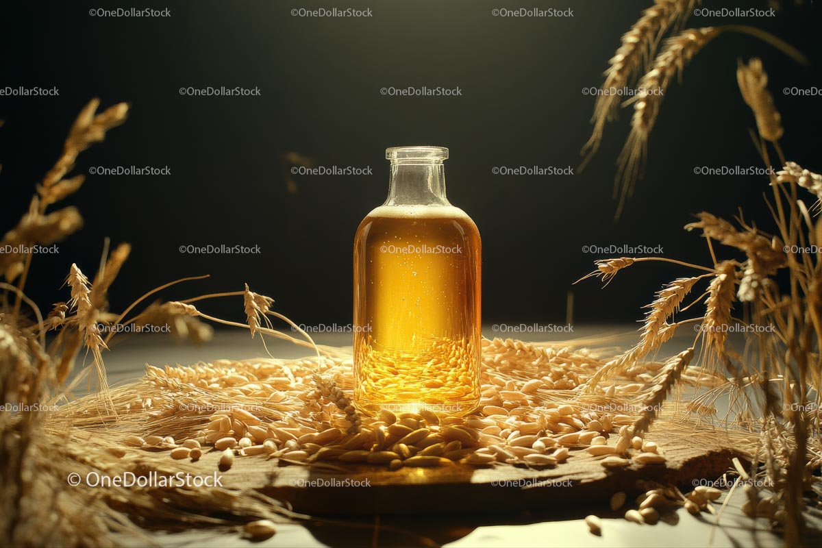 Szklana butelka złotego oleju pszenicznego z naturalnymi ziarnami