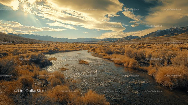 Golden Mountain Landscape with Tranquil Stream and Rugged Peaks