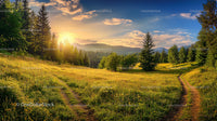 Sunset Over a Tranquil Meadow and Forested Landscape
