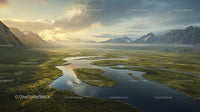 Scenic Mountain Valley with Meandering River and Cloudy Skies