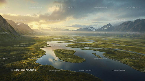 Scenic Mountain Valley with Meandering River and Cloudy Skies