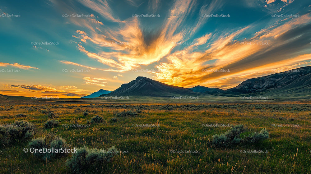 Mountain Sunset Over Grassy Meadow with Colorful Sky