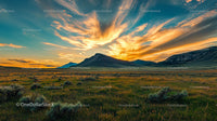 Mountain Sunset Over Grassy Meadow with Colorful Sky