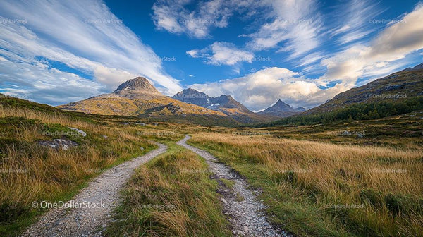 Scenic Pathway Through Majestic Highland Mountains