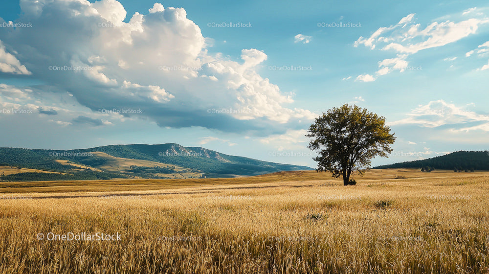 Lone Tree in a Golden Field under a Vast Blue Sky